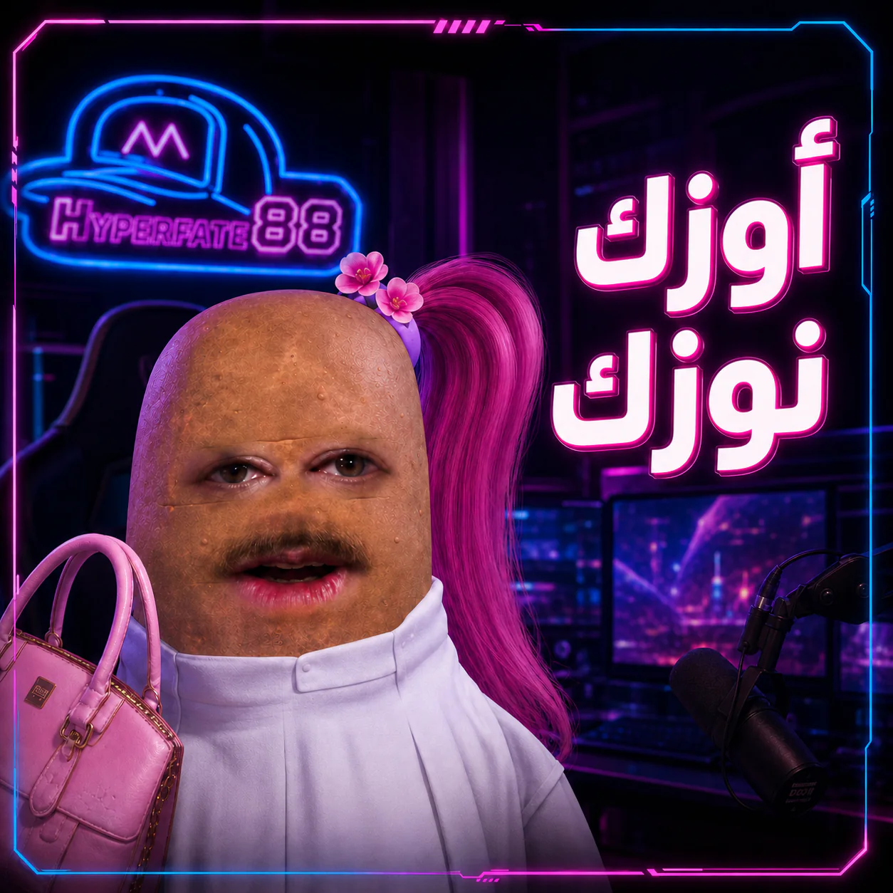 Hajji Batata character inside Hyperfate88's neon streaming studio