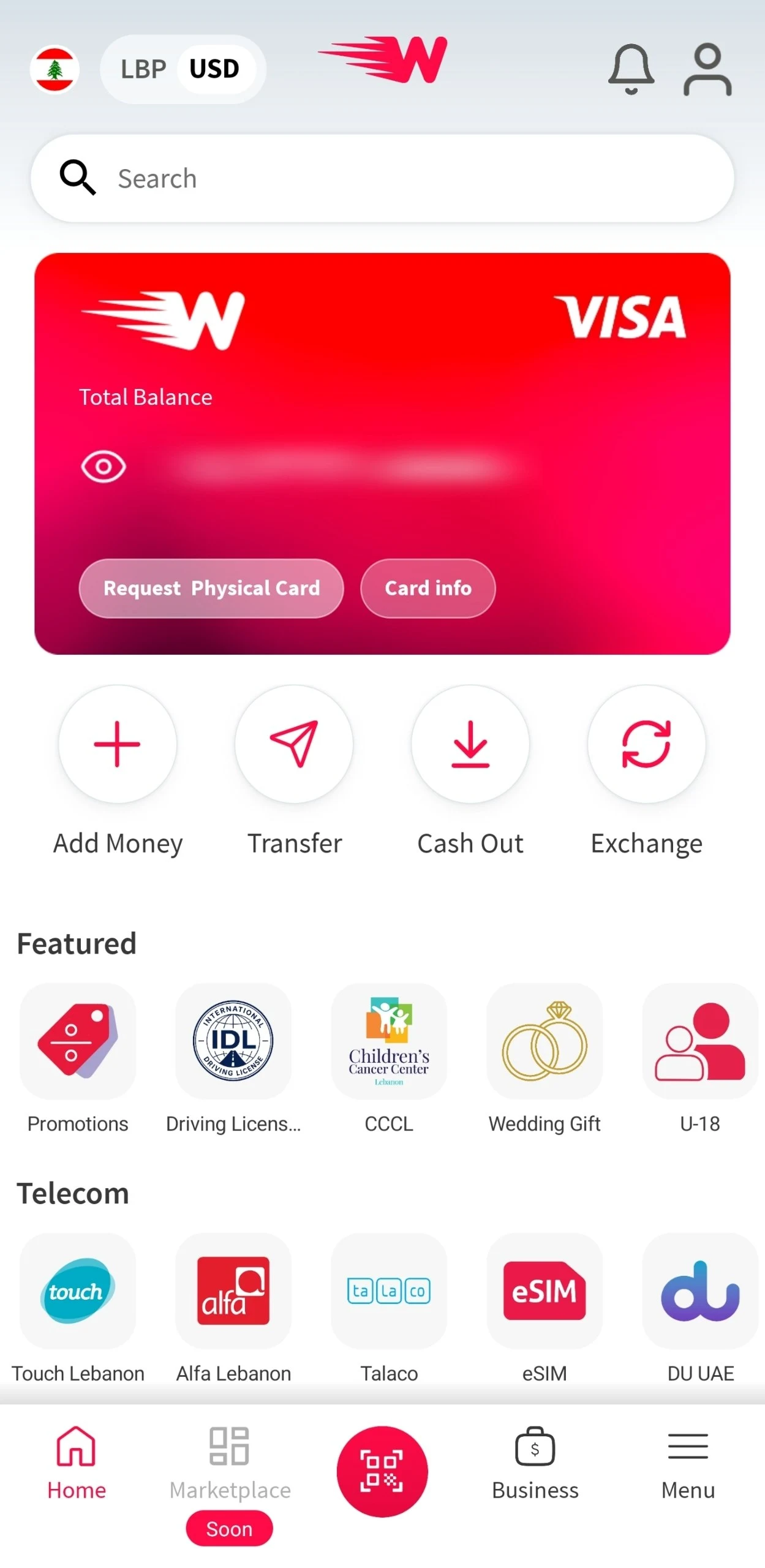 Whish Money app home screen with the Scan QR control in the bottom navigation